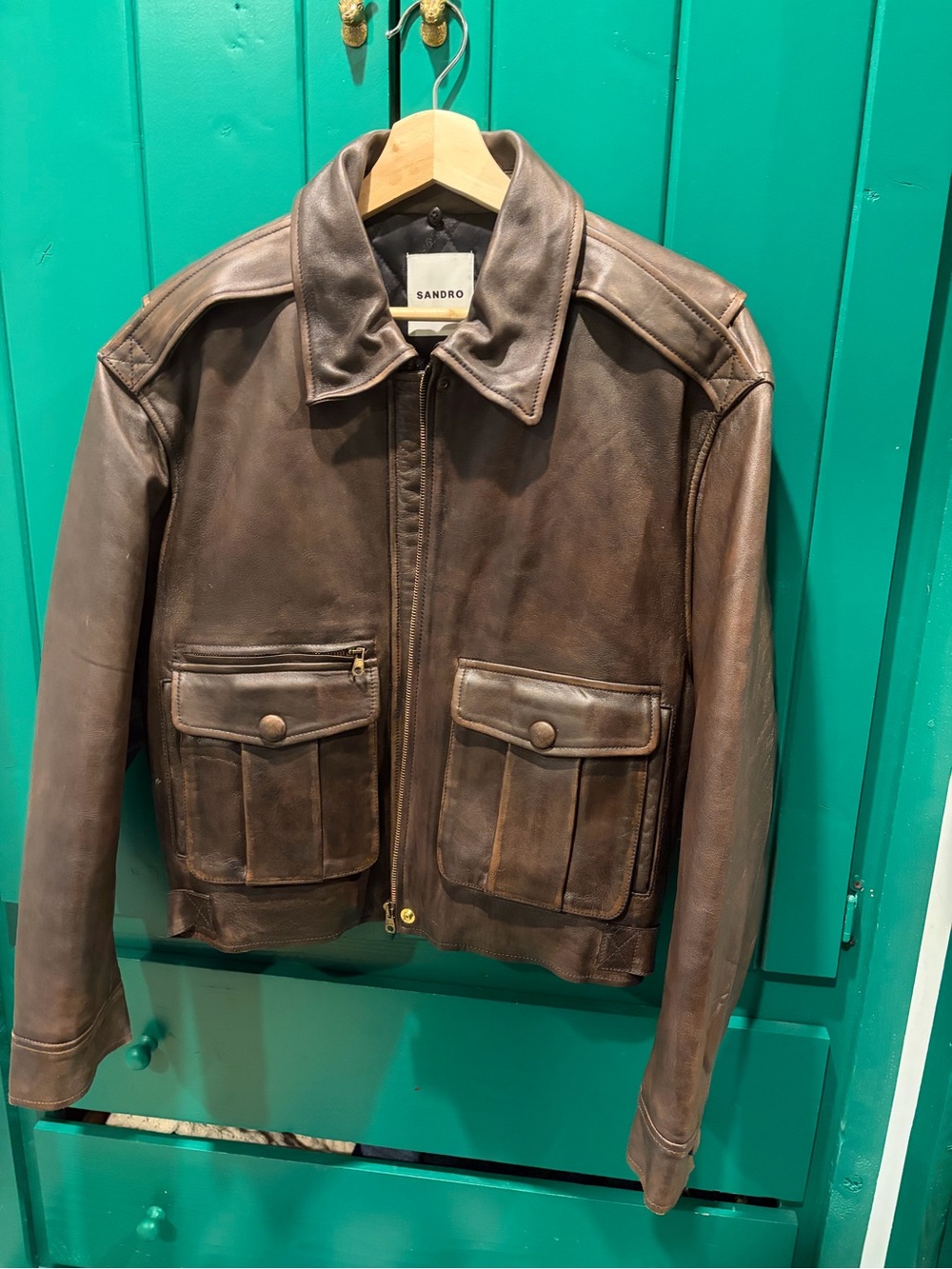 Sandro Brown Leather Bomber Jacket with Patch Pockets